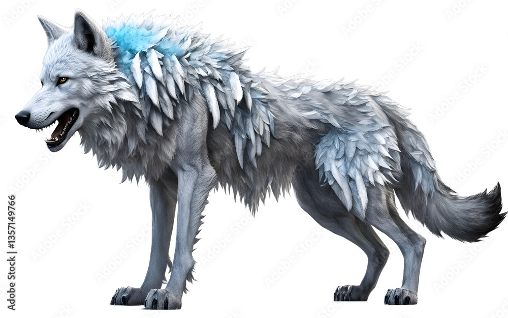Aufkleber giant frost wolf with icicles forming on its fur, isolated on a empty plain background