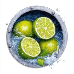 Three Limes in a Metal Bowl with Splashing Water