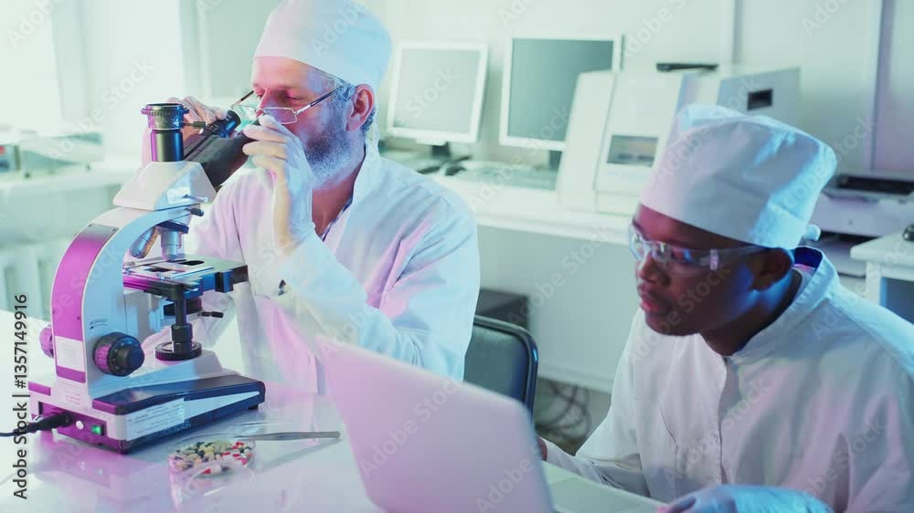 Wall mural senior scientist using microscope and explaining results to his african american colleague who is ta
