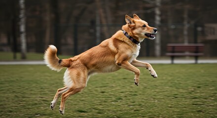 Playful Dog in Mid-Leap at Park