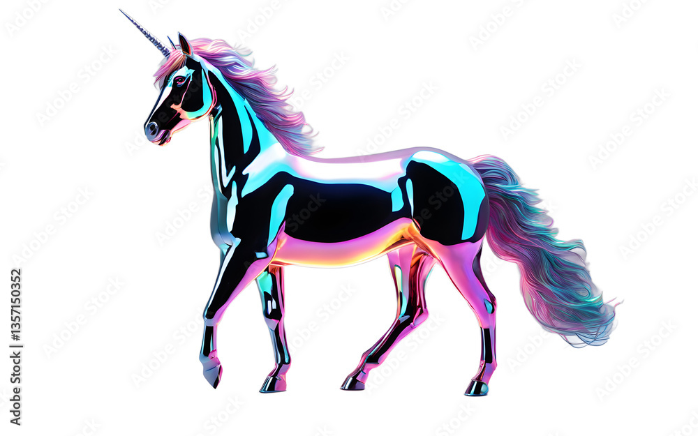 Poster holographic unicorn with shifting neon colors, isolated on a empty plain background