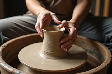 Potter crafting clay pot on pottery wheel