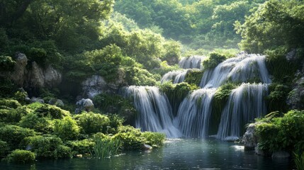 Fototapeta premium Serene Waterfall In Lush Forest Sunlight Bathes Cascading Water And Rocks, Rocks And Waterfalls In A Green Forest. Lush Nature Scene. Serene Waterfall. Natural Beauty. Scenic Waterfall And Forest