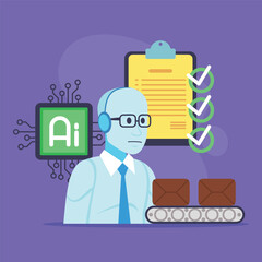 Blue-skinned character with glasses overseeing conveyor belt with packages. Checklists and AI logo in the background. Task management through technology and automation concept