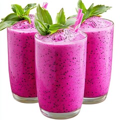 Three Pink Dragon Fruit Smoothies with Mint
