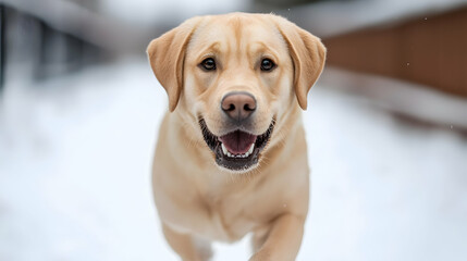 Happy Yellow Labrador Retriever Running in the Snow
