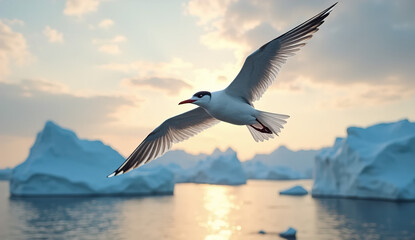 Obraz premium Arctic Tern Soaring Over Icy Seascape at Sunset in HD