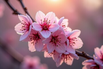 Cherry blossoms at sunrise with dew drops