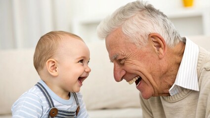 Grandfather and baby share a joyful moment together at home during a sunny afternoon. Grandfather and grandson. A baby and their elderly grandfather joyfully interact