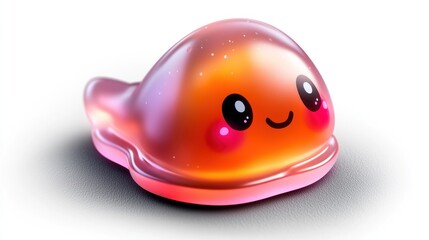 Fototapeta premium Cute, colorful jelly-like creature with a smiling face on a smooth surface, glowing softly