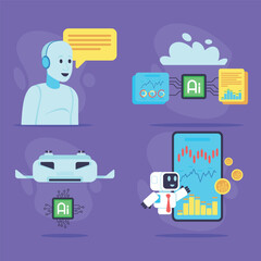 Various representations of artificial intelligence, showcasing friendly robot engaging with data and analytics. Cloud computing, machine learning, and financial insights