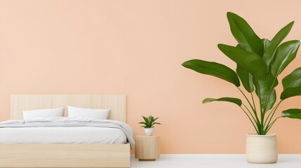 Light peach bedroom contains wooden bed and various green plants