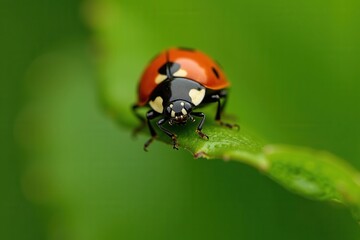Fototapeta premium Ladybug on leaf close-up: vibrant nature scene with blurred green background