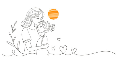 Mother hugs daughters line art style vector illustration, mothers day celebration illustration