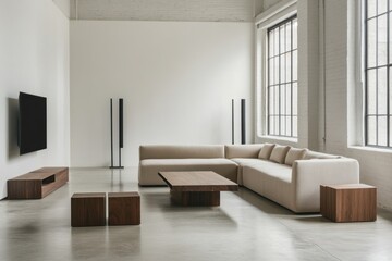 Modern living room displaying furniture and architectural design elements