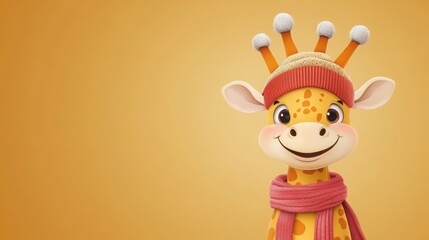 Naklejka premium Smiling Plush Giraffe Wearing Winter Hat And Scarf Against Beige Backgrounds and Objects Placed On A Tabletop In A Studio Setting. The Giraffe Is Friendly and Smiling, Wearing Cozy Warm Winter