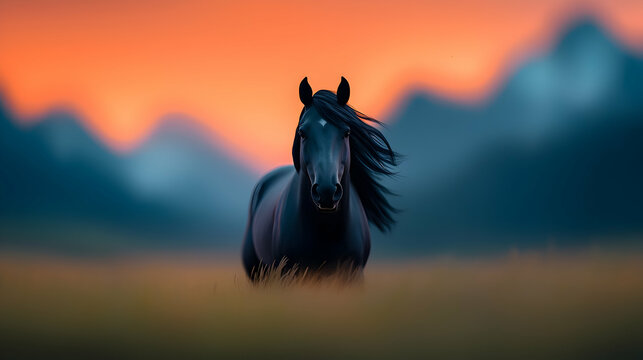 Majestic Black Horse Galloping at Sunset Through a Grassy Field