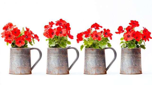 A series of four images side by side, each depicting the same metal watering can filled with vibrant red geranium flowers