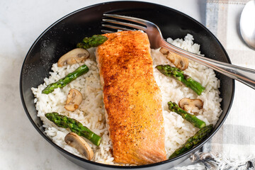 seasoned baked salmon  on white rice