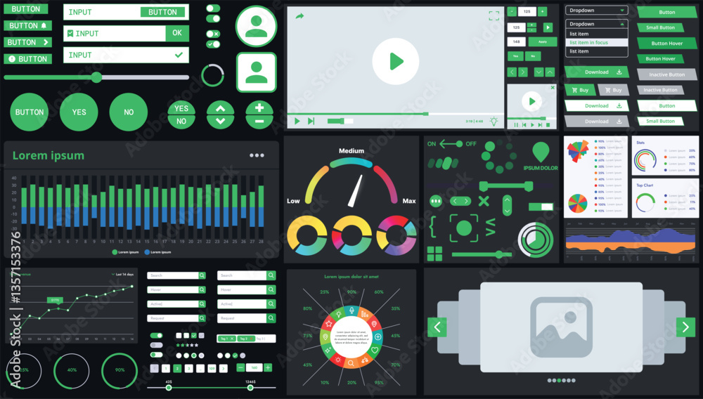 Canvas Prints a dark set of interface elements for web and mobile applications with modern icons, buttons, and gra