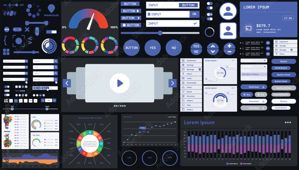 Wall mural a dark set of interface elements for web and mobile applications with modern icons, buttons, and gra