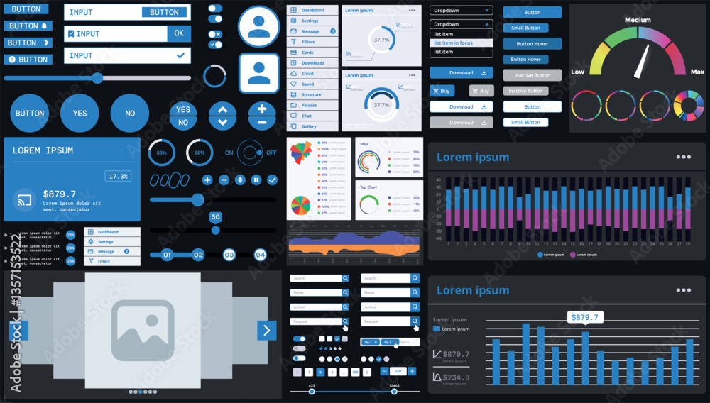 Wall mural a dark set of interface elements for web and mobile applications with modern icons, buttons, and gra