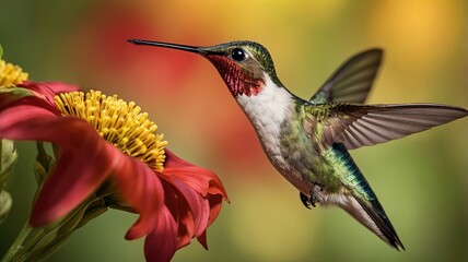 Fototapeta premium Ruby-throated Hummingbird in Flight Near Red Flower in HD