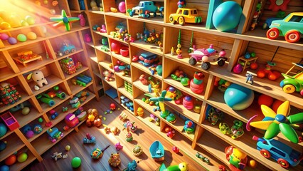 Naklejka premium Aerial View of Colorful Cartoon Shelves Overflowing with Toys - Drone Photography