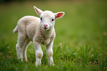 Obraz premium Cute lamb standing on green grass in peaceful spring pasture