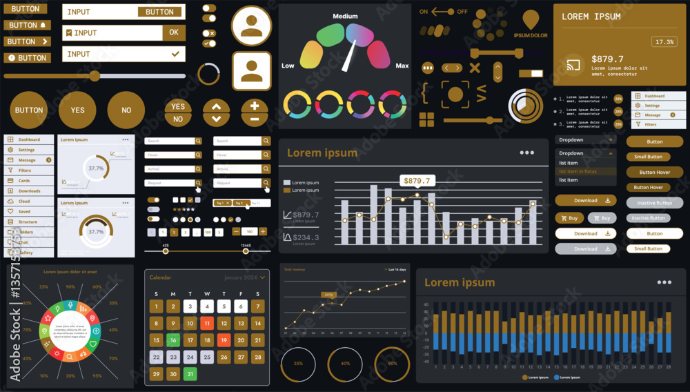 Poster a dark set of interface elements for web and mobile applications with modern icons, buttons, and gra