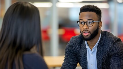 Focused Conversation: A thoughtful and well-dressed man, sporting glasses and a beard, engages in an animated discussion with another person, both immersed in the moment, framed by a modern interior.