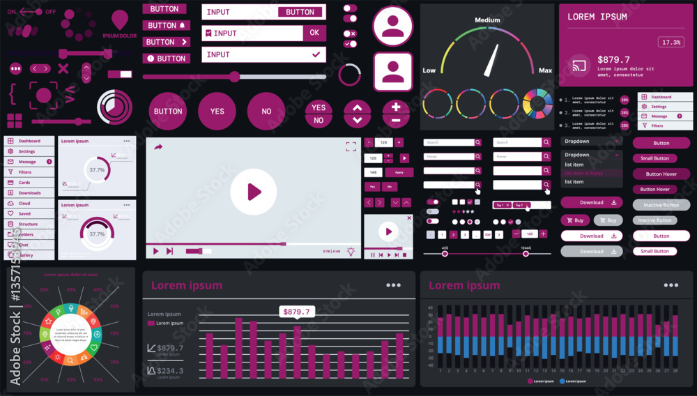 Wall mural a dark set of interface elements for web and mobile applications with modern icons, buttons, and gra
