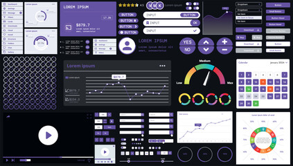 A dark set of interface elements for web and mobile applications with modern icons, buttons, and graphs, ideal for business analytics, finance, and data management.