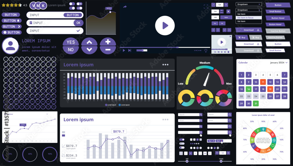 Wall mural a dark set of interface elements for web and mobile applications with modern icons, buttons, and gra
