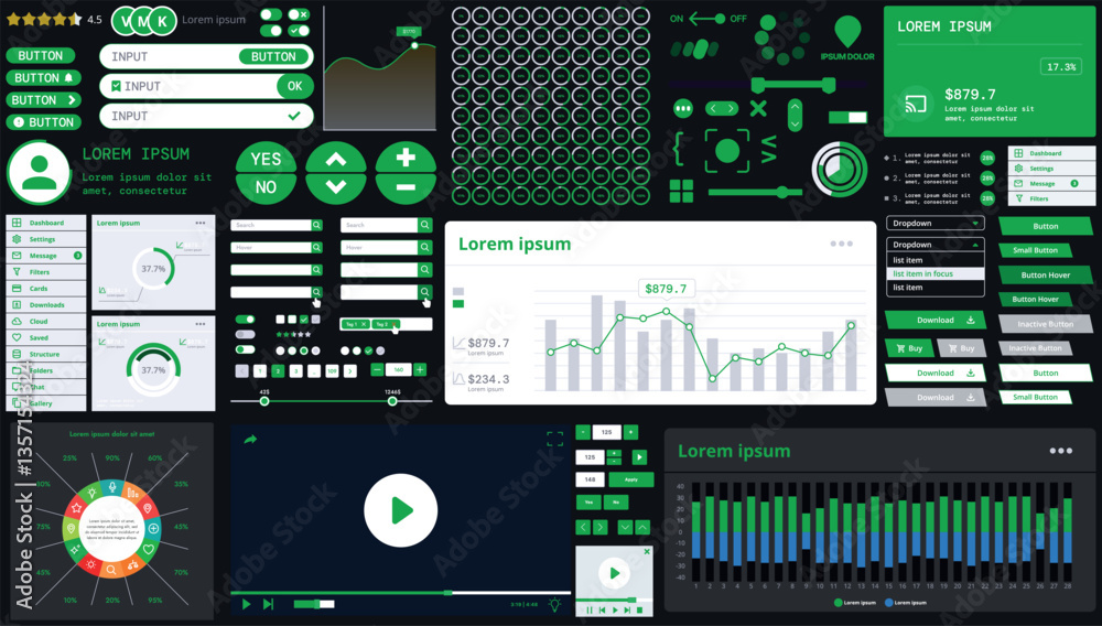 Poster a dark set of interface elements for web and mobile applications with modern icons, buttons, and gra