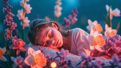 Photo sur Plexiglas Young girl sleeping sweetly in a fairytale forest, dream, nature and innocence, beauty and tranquility