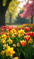 Vibrant spring garden with blooming tulips and daffodils, vibrant, flower, multicolor