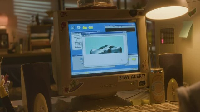 Closeup over shoulder shot of young boy looking at pictures of cars online using retro computer with picture slowly downloading on screen via dial up internet