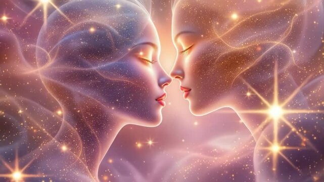 Two ethereal female figures, intertwined, embody cosmic energy. Depicts spiritual awakening or soulmate connection. Philosophical concept: duality of existence, unity. Digital art, 4k 60 fps.