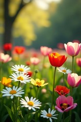 Obraz premium Vibrant springtime garden filled with blooming daisies, tulips, and poppies, background, tulips