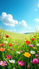 Obraz premium Vibrant spring meadow with wildflowers under blue sky, wildflowers, floral, sunny