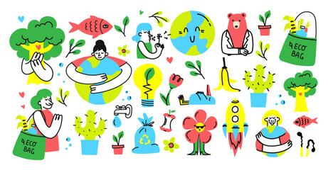 Fototapeta premium Cartoon eco stickers save the ocean in retro groovy style. Water, environmental stickers, bio, environmental protection. World Water Day Label
