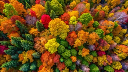 Aerial View of Diverse Autumn Leaves: Maple, Oak, Birch, Ginkgo, and More
