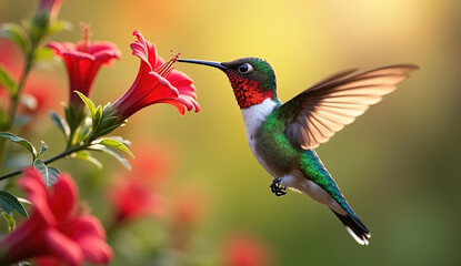 Naklejka premium Ruby-throated Hummingbird in Flight Near Red Flower in HD