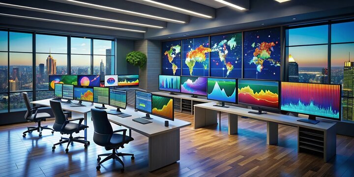 Aerial View of Diverse Data Visualizations on Monitors, Power BI Dashboard Design Templates