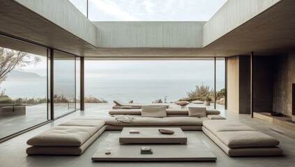 A modern minimalist living space with ocean views and natural light