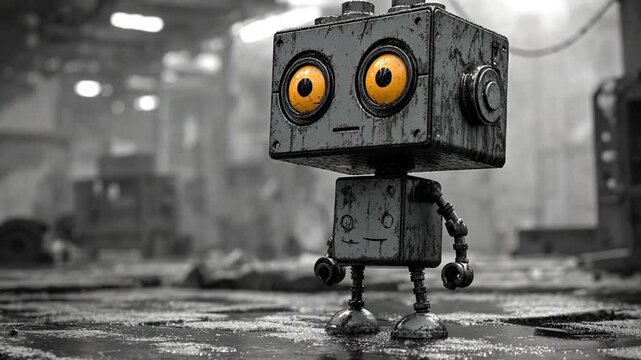 Rusty robot in a factory, abandoned, contemplating