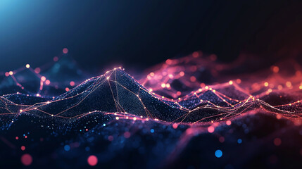 Abstract low-poly landscape with glowing dots and lines, night sky background.