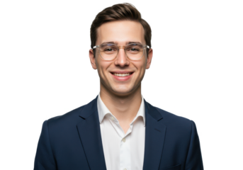 Smart businessman smiling at camera, wearing trendy transparent glasses isolated on White background PNG transparent background