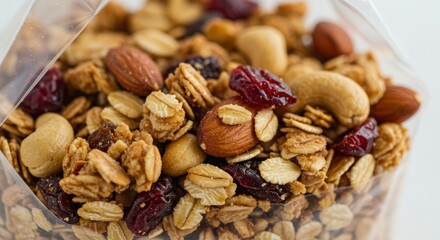 Fototapeta premium Bag of Granola with Almonds Cashews and Dried Cranberries Close Up